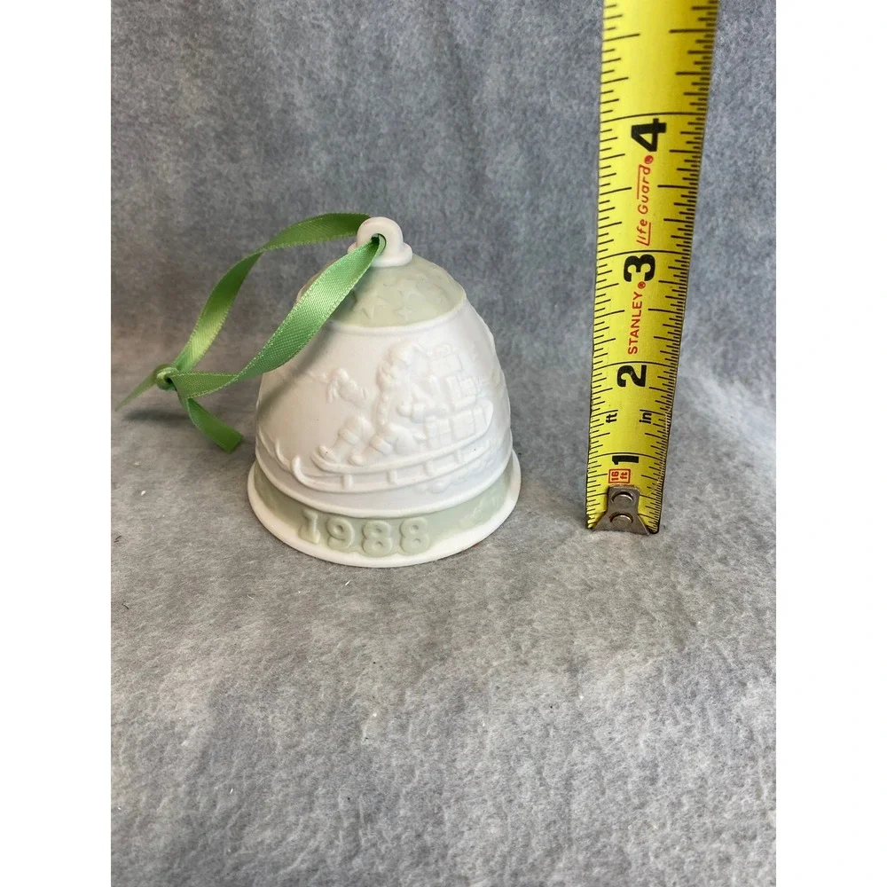 1988 Lladro Christmas Bell Ornament White Porcelain Green Ribbon Reindeer Sleigh